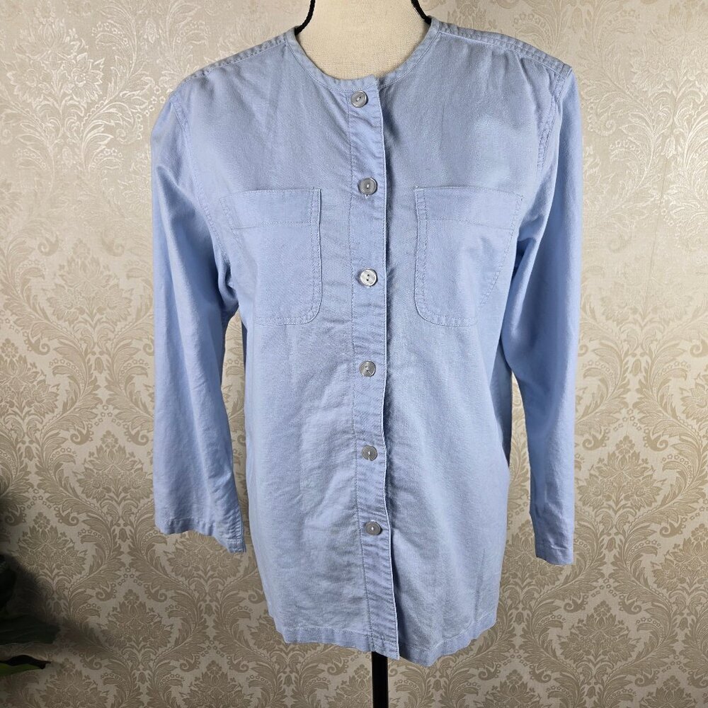 Liz Claiborne Lizwear Size Petite Small Light Blue Button Down Shirt Linen Blend